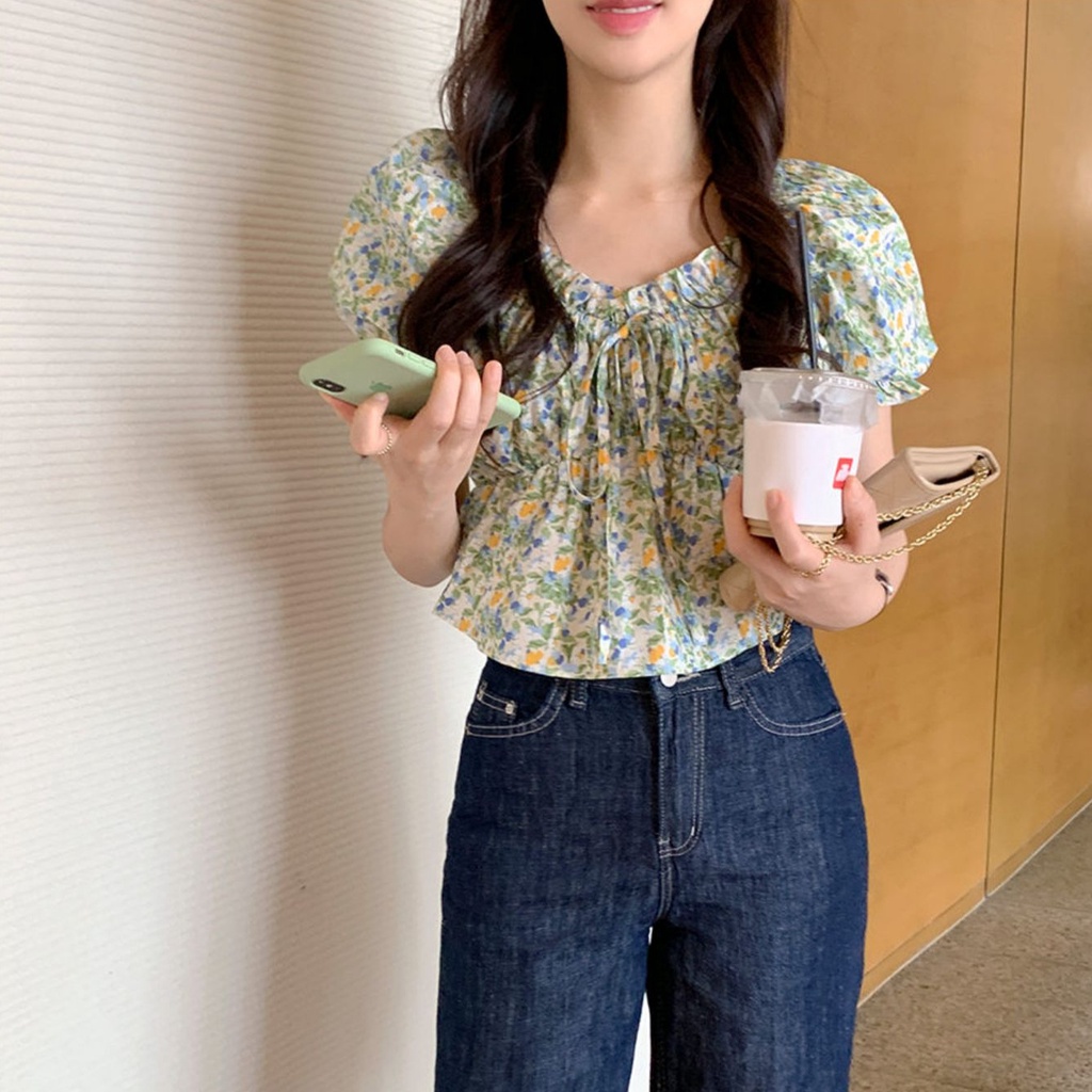 Áo Croptop Tay Ngắn In Họa Tiết Hoa Nhí Thời Trang Mùa Hè Phong Cách Hàn Quốc Cho Nữ