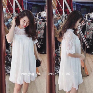 Váy suông xếp ly pha ren hoa