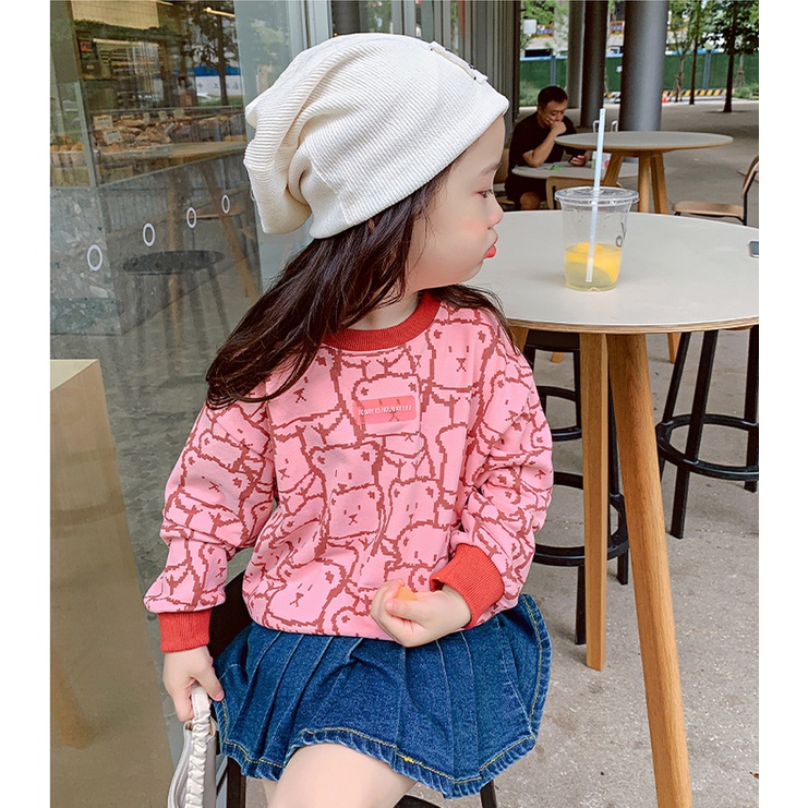 Áo thun  tay dài cổ tròn in họa tiết gấu thời trang xuân thu cho bé gái 1-8 tuổi