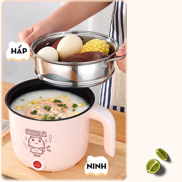 Ca Lẩu Mì Mini Siêu Tốc Cooking Pot Sz 18cm Vung Kính Kèm Giá Hấp Inox