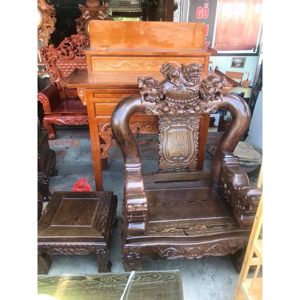 Bộ bàn ghế nghê 3 đầu gỗ mun đuôi công