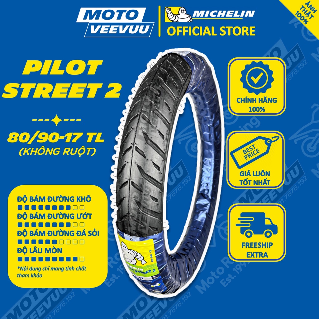 Vỏ lốp xe máy MICHELIN 80/90-17 TL Pilot Street 2 (Lốp không ruột)