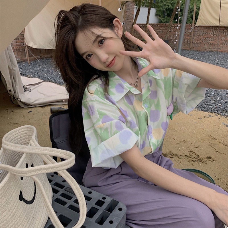 Áo Sơ Mi Ngắn Tay Dáng Rộng In Hình Hoa tulip Thời Trang Mùa Hè Giản Dị Dành Cho Nữ