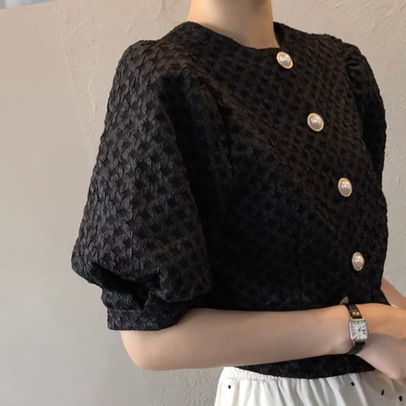 Áo kiểu nữ phong cách retro tay phồng cổ tròn cúc ngọc ,phong cách Hàn Quốc thòi trang DUMI