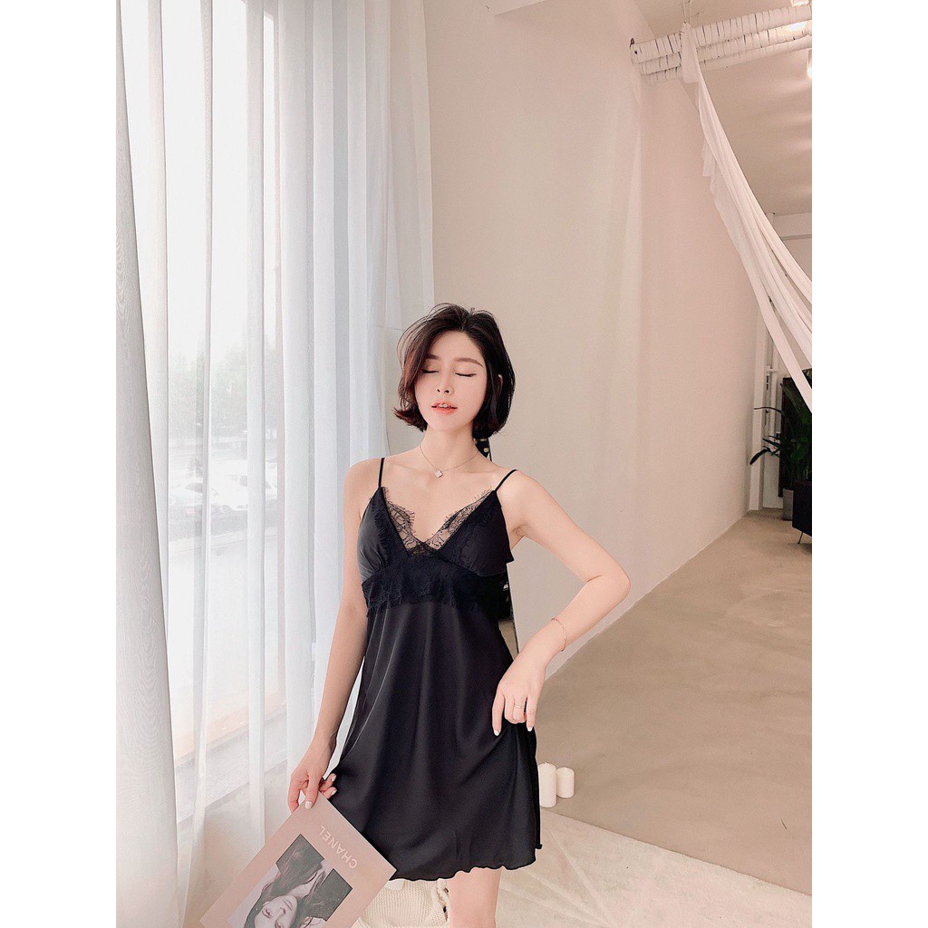 Đầm Ngủ Vải Lụa Lạnh Viền Ren Mềm Mại Cổ Chữ V Có Đệm Mút Nâng Ngực Thời Trang Mùa Hè Quyến Rũ Cho Nữ