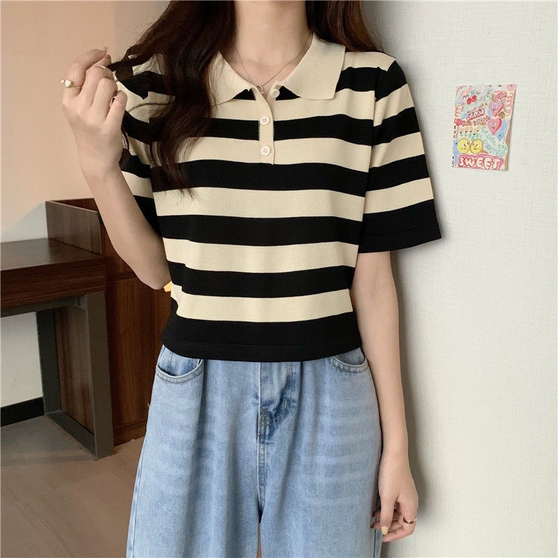 HPCL📣Áo Sweater ngắn tay họa tiết kẻ sọc phong cách Hàn quốc | BigBuy360 - bigbuy360.vn