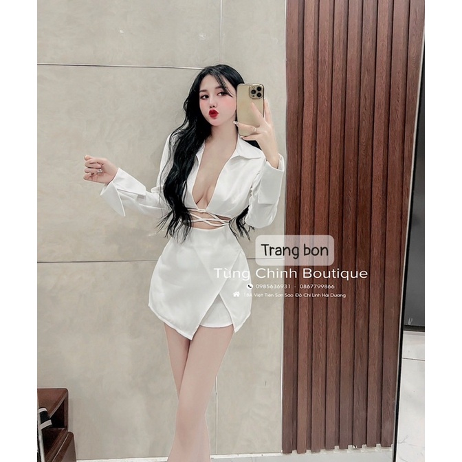 Set áo sơmi đan dây + chân váy lệch vạt