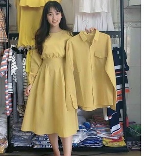 SET ĐỒ ĐÔI NAM NỮ ĐẸP COUPLE TINA SET ĐỒ CẶP NAM NỮ PHỐI NƠ EO DÁNG VÁY DÀI MÀU VÀNG TƯƠI MỚI CHO CÁC CẶP ĐÔI
