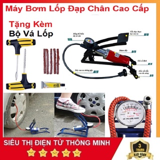 Bơm Đạp Chân, Tặng Kèm Bộ Vá Lốp 5 Miếng Vá - Chuyên Bơm Lốp ÔTÔ - Xe Máy - Xe Đạp - Loại Mini Nhỏ Gọn Tiện Dụng