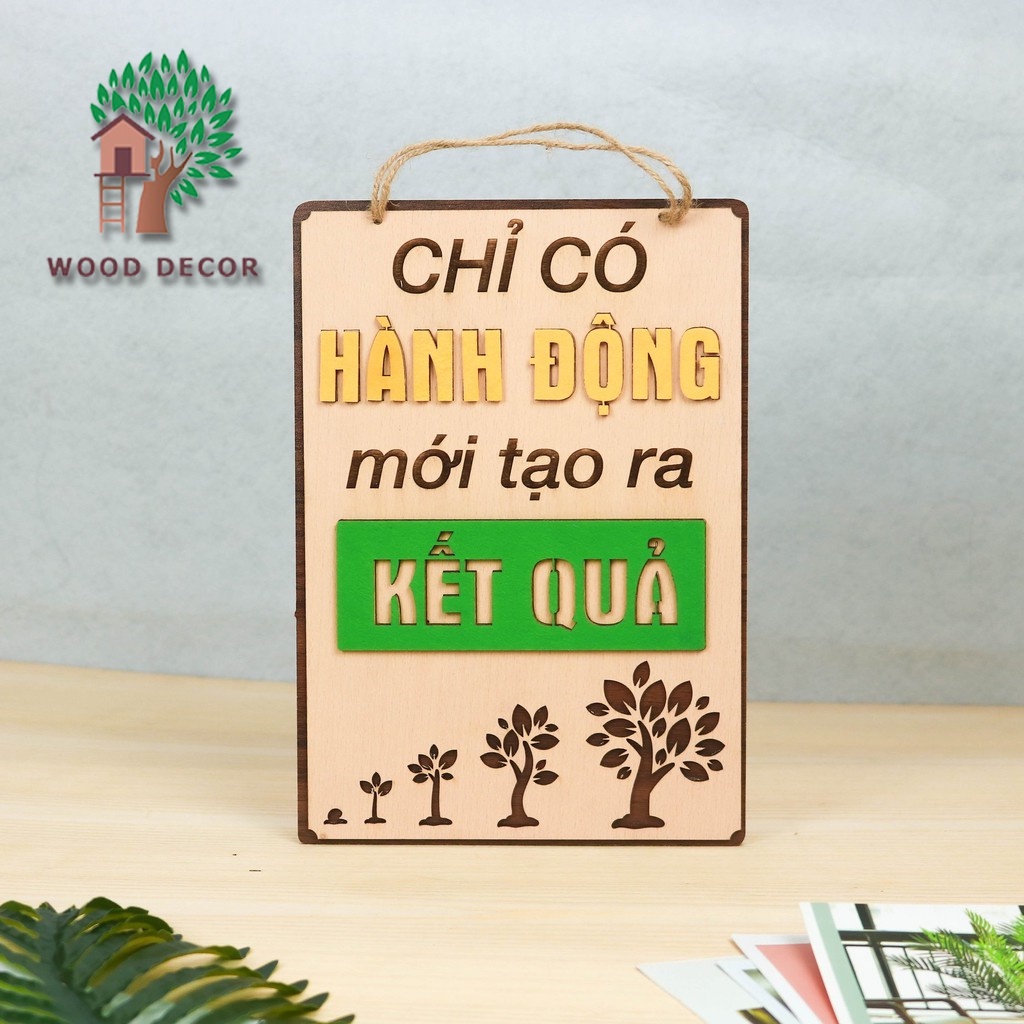 Bảng gỗ trang trí slogan, bảng gỗ tạo động lực in chữ "Hành động - Kết quả" mẫu mới độc đáo