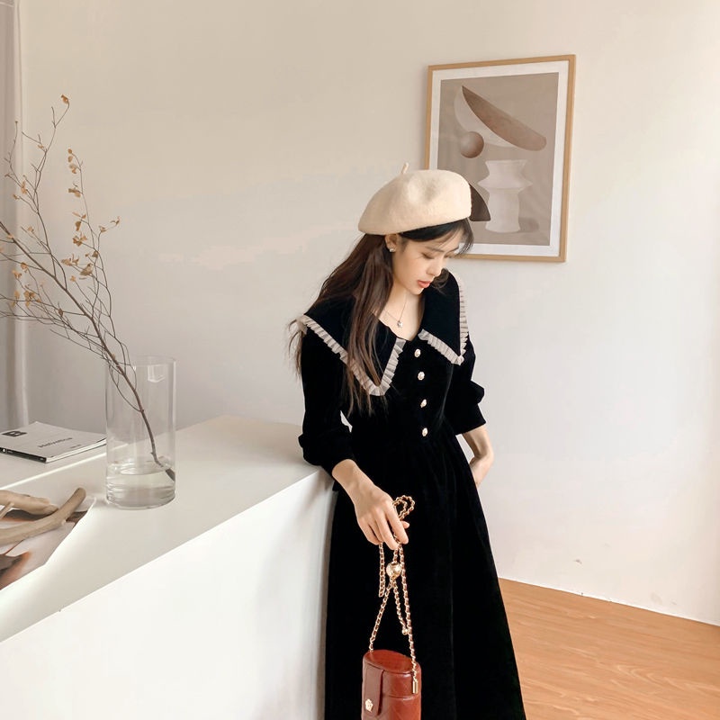 Váy babydoll đầm babydoll váy mùa đông Đầm Nhung Cổ Búp Bê Tay Dài Dáng Chữ A Thời Trang Thu Đông Dành Cho Nữ