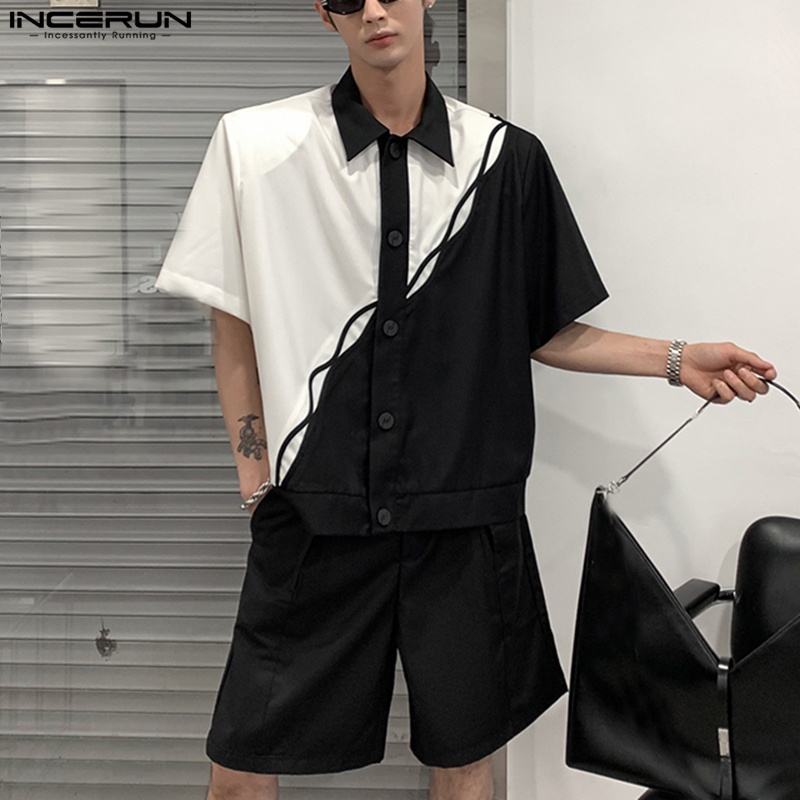 Áo sơ mi INCERUN tay ngắn dáng rộng kết hợp màu sắc trắng và đen phong cách đường phố cá tính dành cho nam