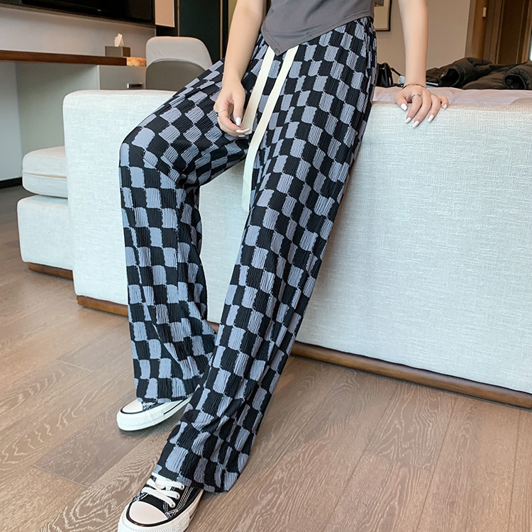 SUXI Quần Dài Lưng Cao Ống Rộng Họa Tiết Sọc Caro Thời Trang Mùa Hè Cho Nữ