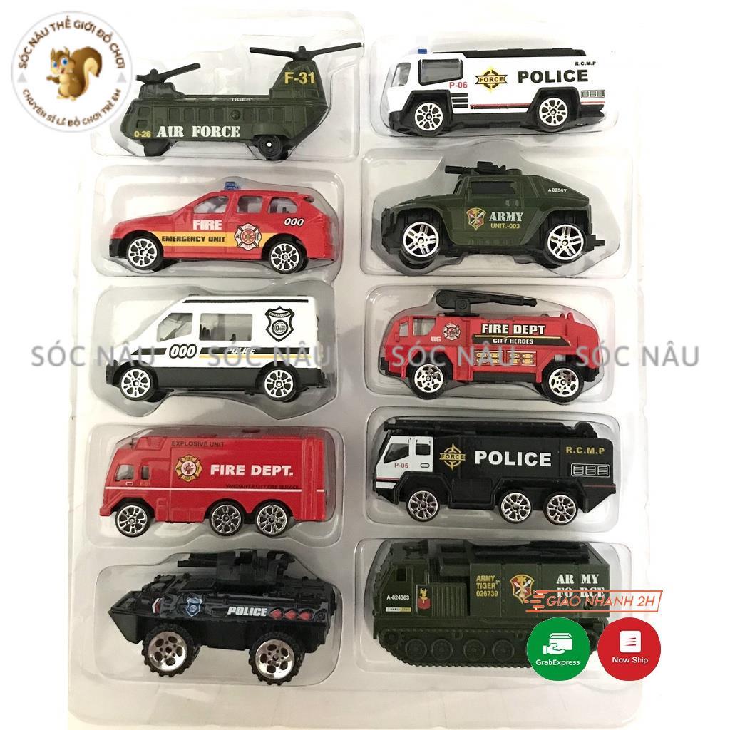 Hộp 10 xe ô tô sắt đồ chơi xe cứu hỏa, cảnh sát, quân sự, máy bay, xe tăng siêu bền cho các bé Sóc nâu thế giới đồ chơi