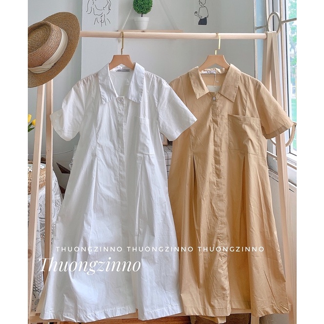 VÁY SƠ MI DÁNG BABYDOLL CÓ TÚI NGỰC SIÊU XINH VÁY SƠ MI CỔ ĐỨC DÁNG SUÔNG HÀN QUỐC