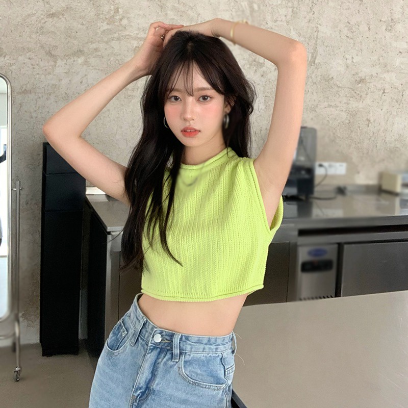 Áo dệt kim không tay màu trơn dáng ôm thời trang mùa thu cho nữ