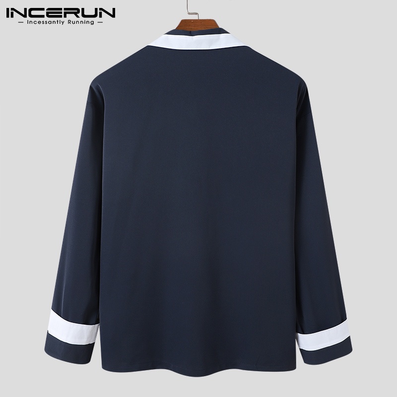 Áo sơ mi INCERUN tay dài dáng rộng cài nút màu sắc tương phản thời trang mùa xuân cho nam