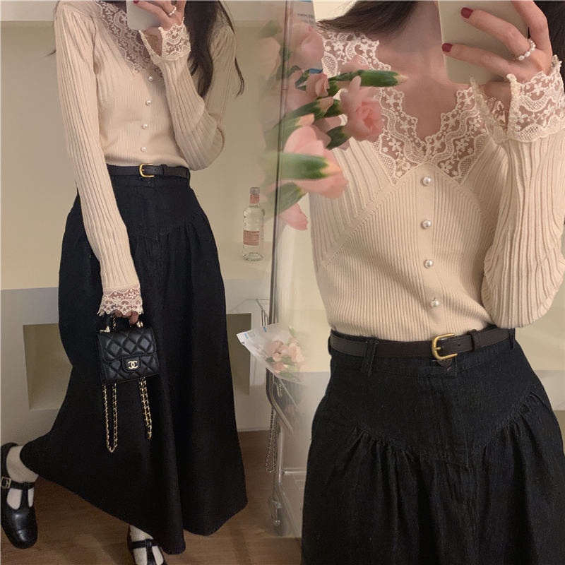 SUXI Áo Dệt Kim Tay Dài Màu Sắc Trơn Dáng Ôm Phối Ren Phong Cách Hàn Quốc Thời Trang Cho Nữ