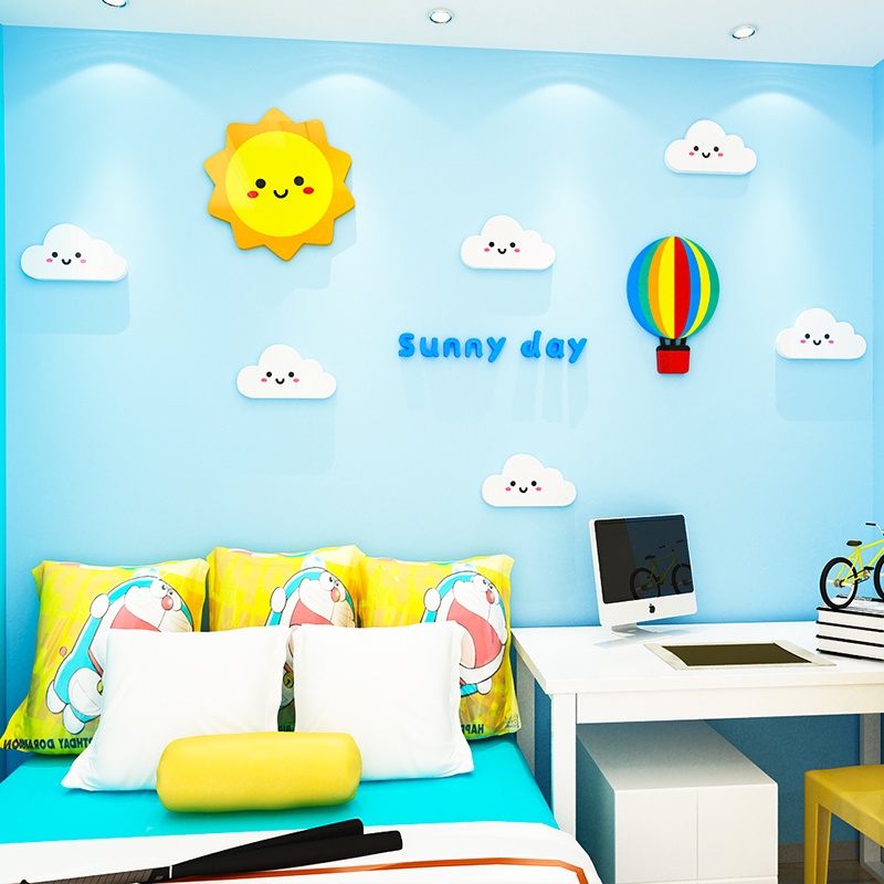 Miếng Dán Tường Trang Trí Hình Đám Mây / Mưa / Mặt Trời Hoạt Hình 3D Bằng Acrylic