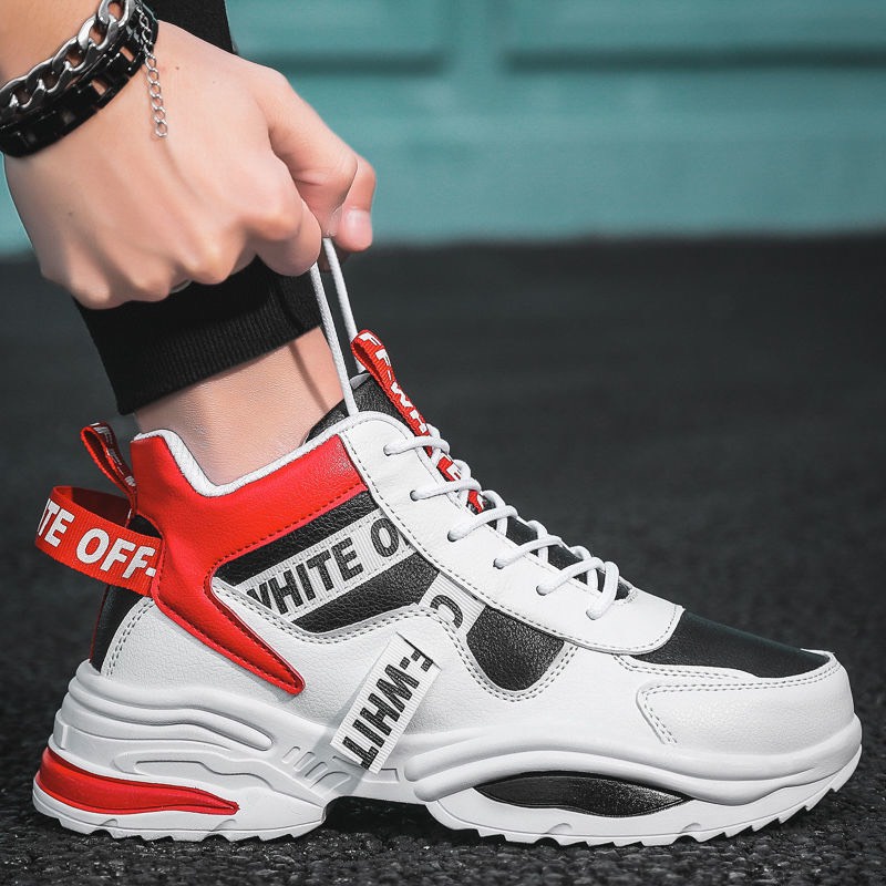 Giày sneaker nam độn đế 6cm OFEWHITFE Da PU trắng đỏ siêu chất