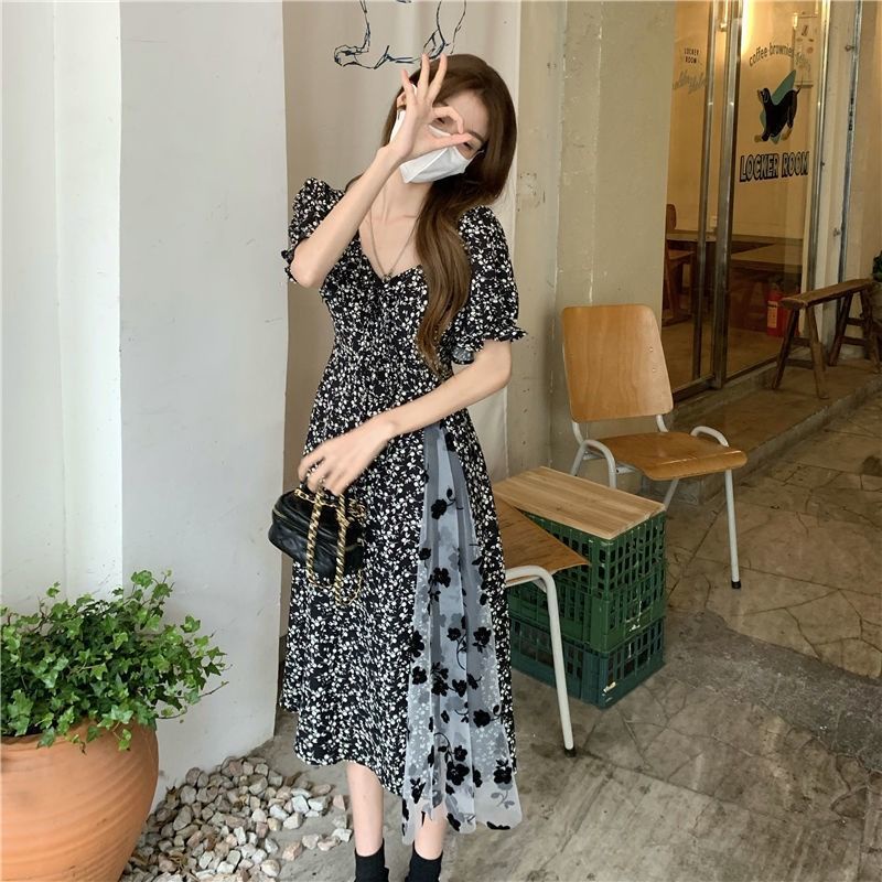 Đầm Hoa Tay Ngắn Cổ Vuông Thời Trang Trẻ Trung 182477 Đầm Chữ a Dài Tay Phối Lưới Thời Trang Hàn Quốc