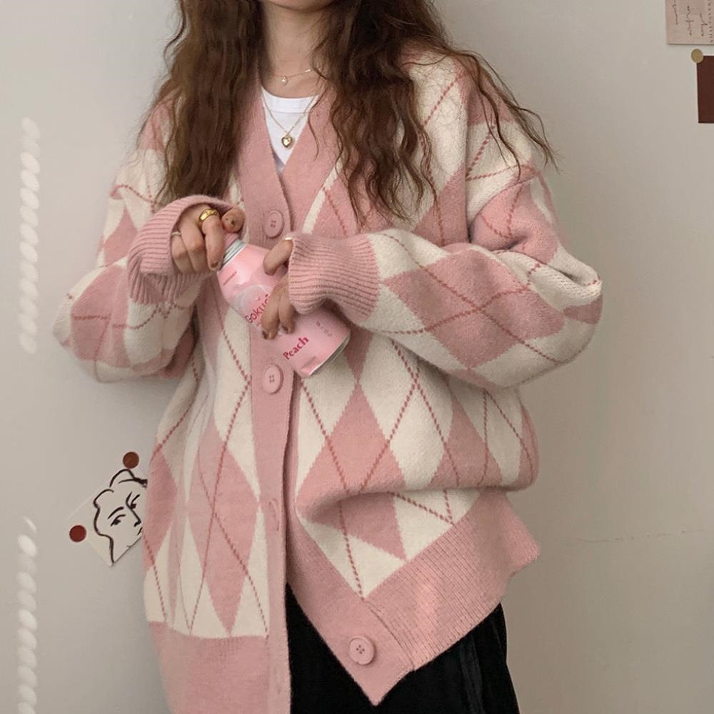 Áo khoác cardigan len quả trám 2 màu đen hồng