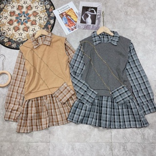 Set 3 món Đầm sơ mi caro phối áo Gile