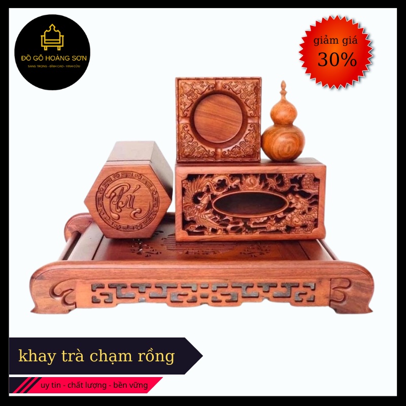 combo 5 món hôp đựng khắn giáy , khay trà , hũ tăm, gạt tàn gỗ hương đá