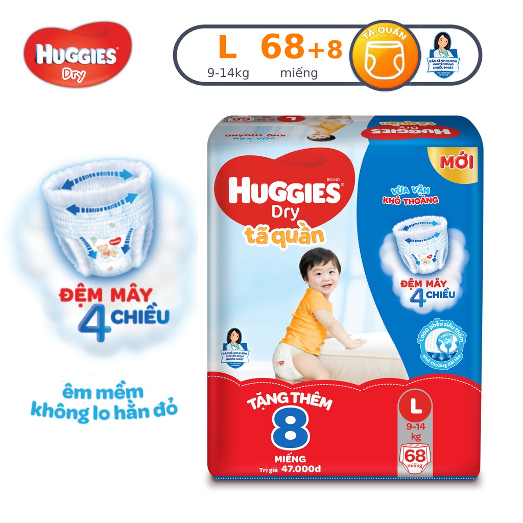 Bỉm Huggies quần size M74/L68/XL62/XXL56  tặng 8 miếng cùng loại