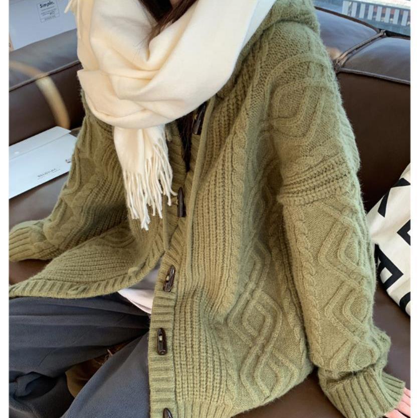 [Spot] Áo Khoác cardigan Dệt Kim Dày Dáng Rộng Cài Nút Sừng Thời Trang Thu Đông Phong Cách Hàn Quốc Cổ Điển