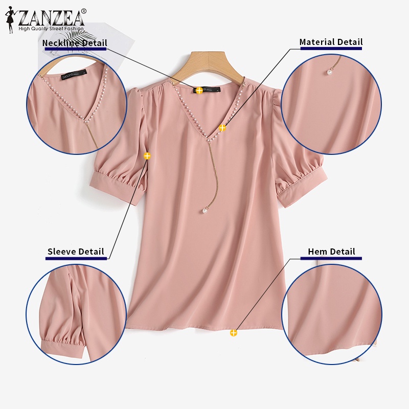 ZANZEA Áo Sơ Mi Vải Satin Tay Lửng Cổ Chữ V Thời Trang Cho Nữ