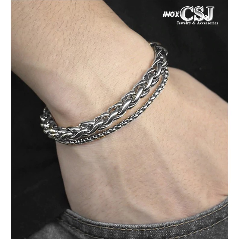 lắc tay inox nam 2 tầng kiểu bông dừa đẹp, không đen, chuẩn thời trang