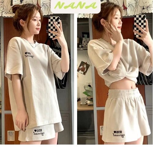Set áo phông LESS mix quần short chất tổ ong / Bộ đồ thiết kế tay lỡ form rộng phối với quần đùi trẻ trung Nanashop