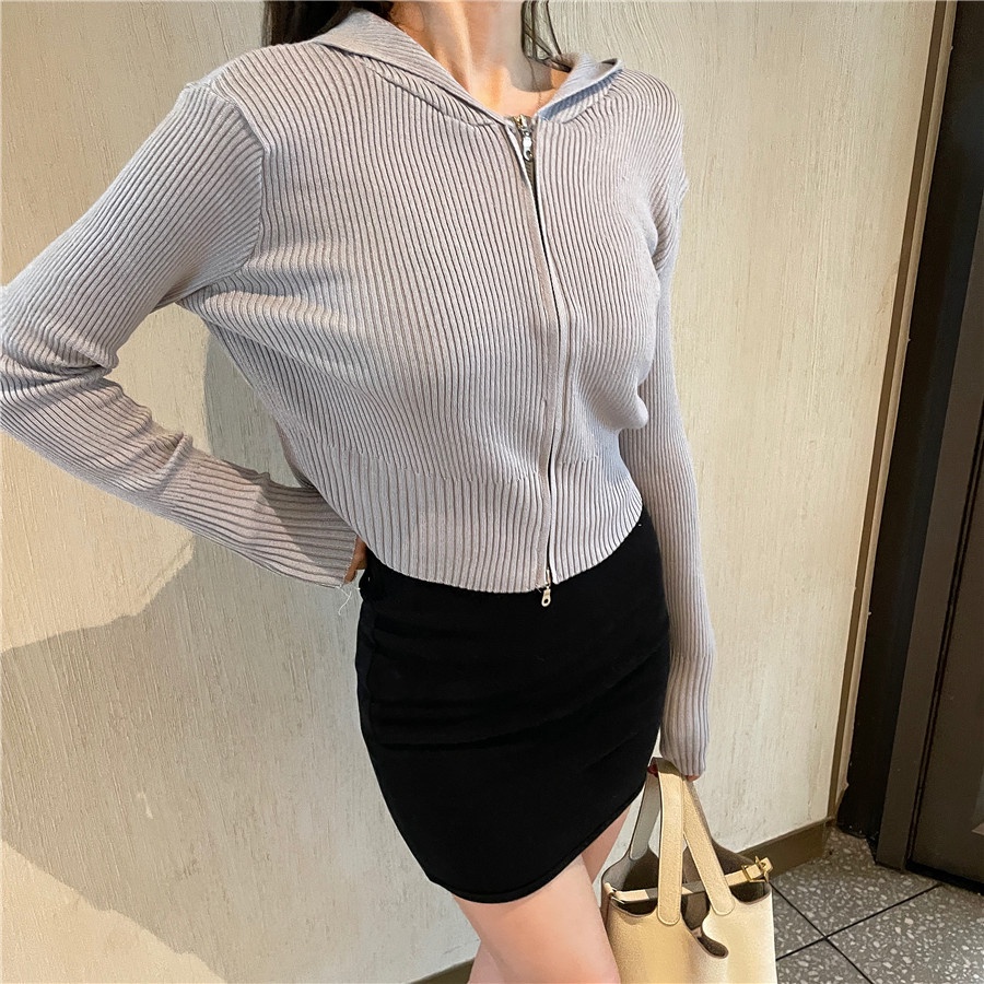 SUXI Áo dệt kim tay dài dáng rộng có nón phối khóa kéo thời trang mùa thu hàng mới cho nữ