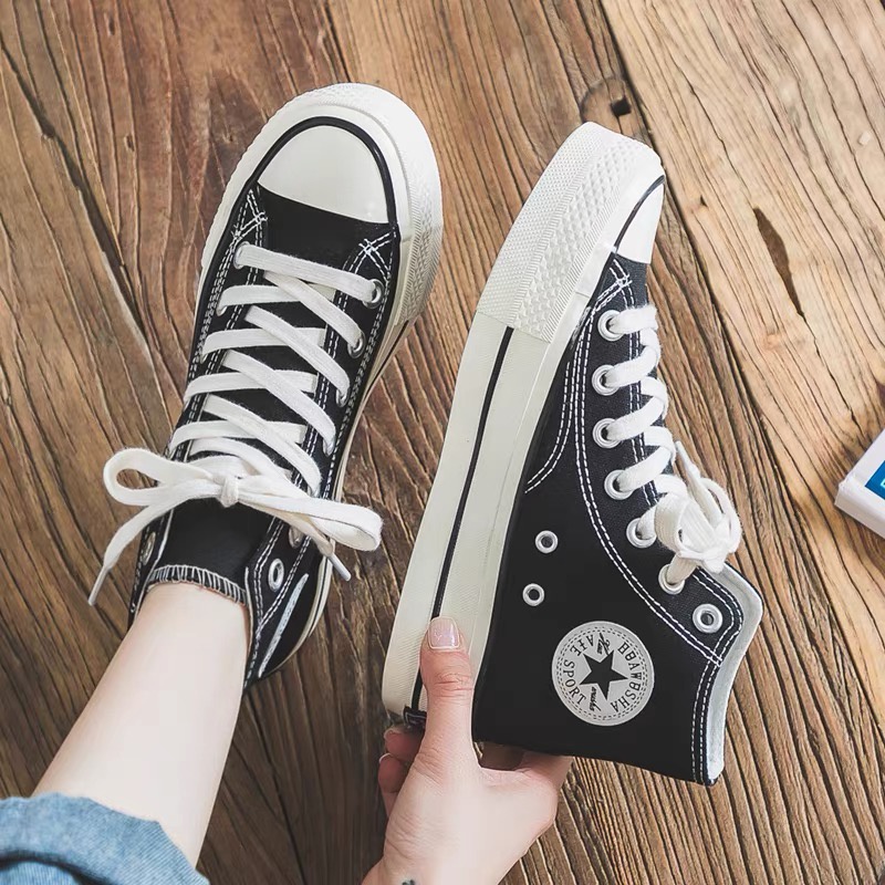 Giày sneaker vải nữ FOXY, giày thể thao cổ cao màu đen trắng đế bằng - FOX063