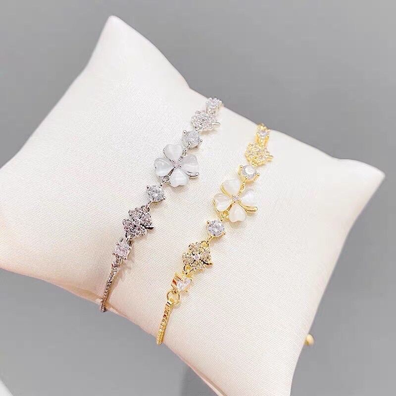 Lắc tay bạc nữ cỏ 4 lá may mắn bạc 925 lắc dây rút chỉnh size-Minh Tâm Jewelry