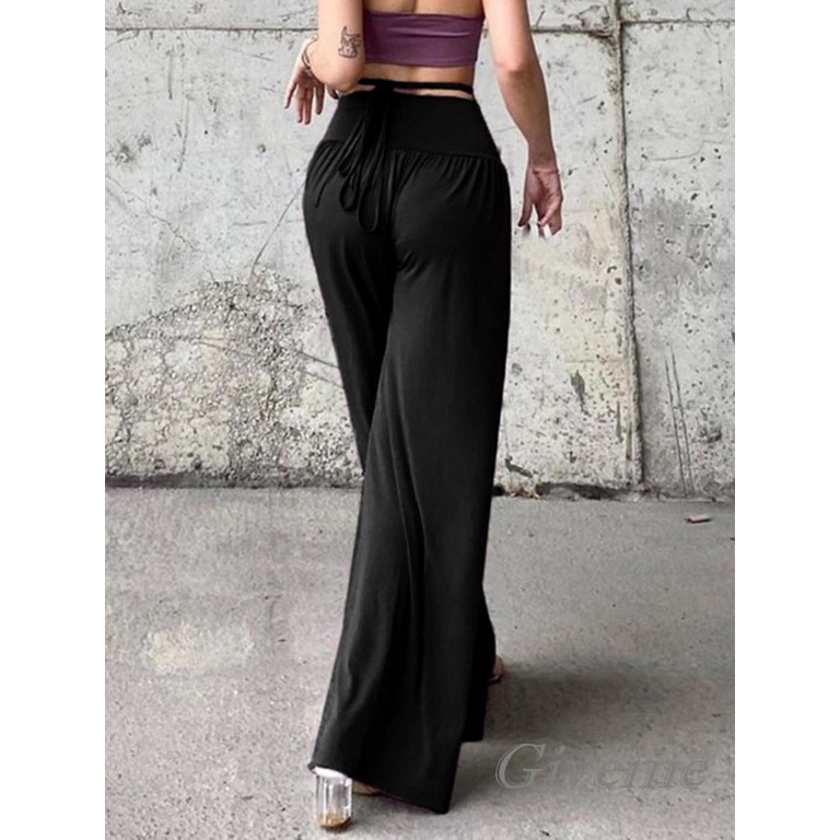 Quần Dài Lưng Cao Ống Rộng Màu Sắc Đơn Giản Cho Nữ