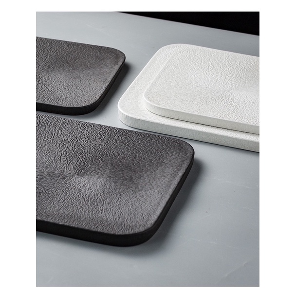 Đĩa sứ vuông Vân sần Sarang 2 màu trắng đen, Đĩa sứ nhà hàng cao cấp