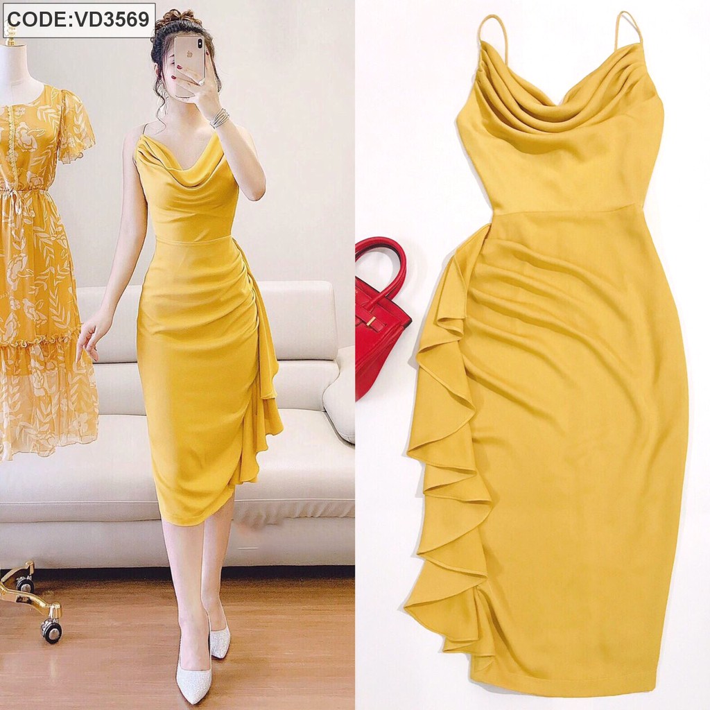Đầm lụa cổ đổ bèo eo_Hàng Thiết Kế