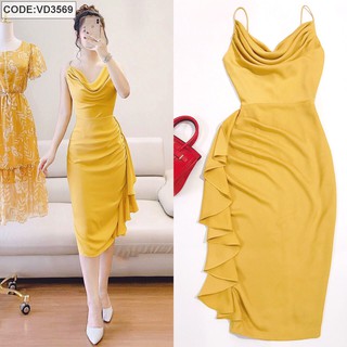 Đầm lụa cổ đổ bèo eo_Hàng Thiết Kế