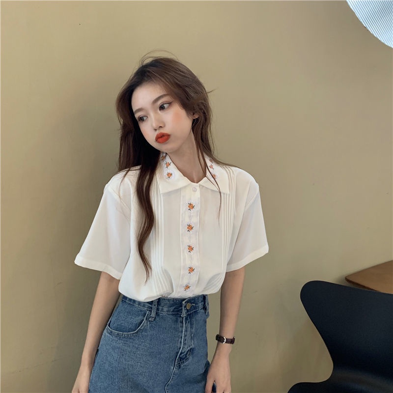 Áo Sơ Mi Tay Ngắn Thêu Hoa Thời Trang Mùa Hè Phong Cách Hàn Quốc Cho Nữ