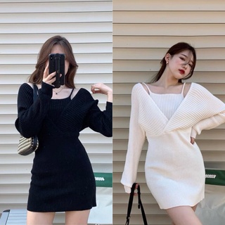 Set đầm gân cổ tim lệch vai kèm áo 2 dây bên trong