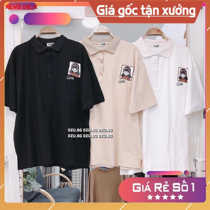 [RẺ Và Đẹp] Áo Thun Polo Nữ Tay Lỡ Hình Logo cô Gái Form Rộng Unisex cho bạn thêm tự dạo phố