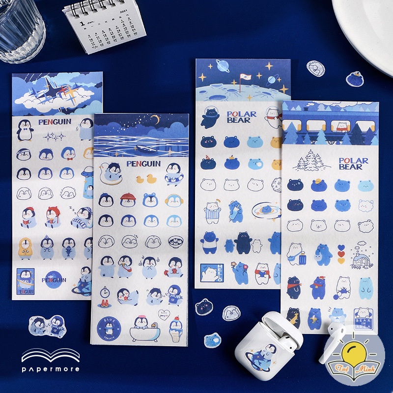 Nhãn dán sticker chim cánh cụt, chú gấu nhãn dán dễ thương trang trí sổ tay, take note STI40