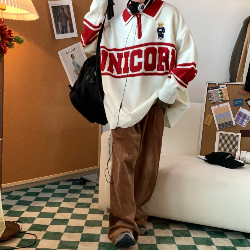 Áo thun polo dệt kim tay dài in chữ phong cách Hàn Quốc thời trang cho nam nữ áo len dệt kim Unisex có ve áo thời trang áo len dệt kim cặp đôi giản dị form rộng hàng đầu