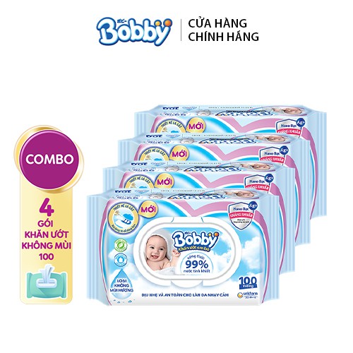 Combo 4 gói Khăn ướt Bobby care 100 không mùi hương 100 tờ