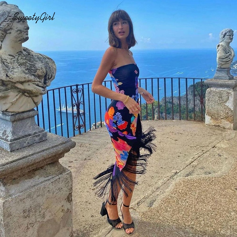 Đầm Midi Trễ Vai Phối Tua Rua Nhiều Màu Sắc Phong Cách Đường Phố Cho Nữ