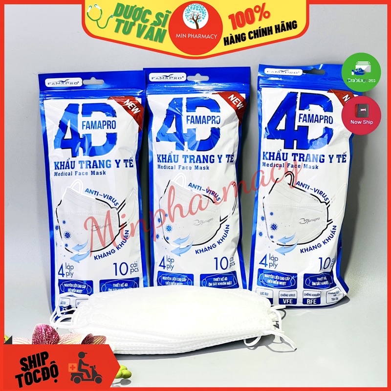 Khẩu trang y tế kháng khuẩn FAMAPRO 4D New Mềm mịn màu trắng (túi 10 cái 4 lớp) - Minpharmacy