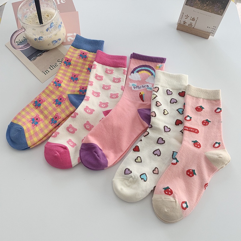 Tất vớ cotton cổ cao nữ họa tiết phong cách HQ màu pastel - SONO100