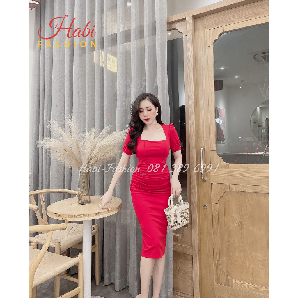 Váy xếp li eo cổ vuông ôm body sang trongl